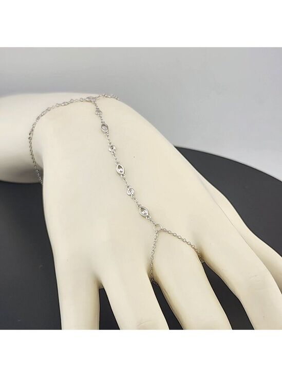 Jewelry - 925 Silver Gemstone Hand Chain Bracelet with Ring – Round & Oval Stones